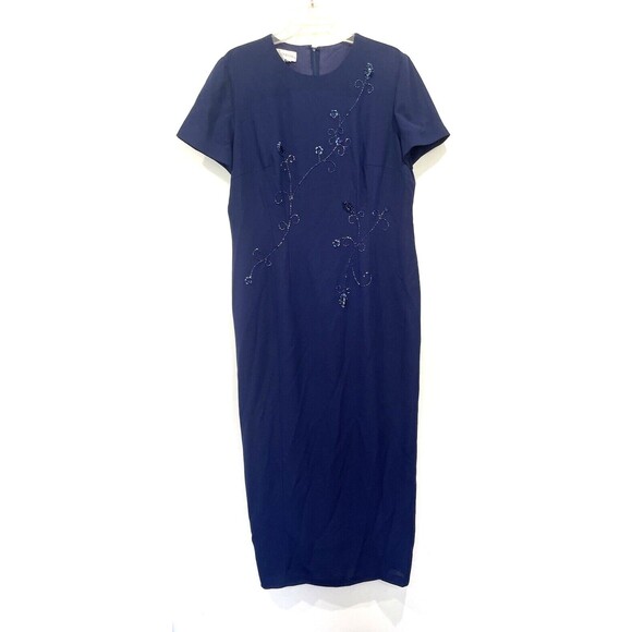 Maggy London Navy Embroidered beaded short sleeve full length‎ formal dress 14 - Picture 1 of 7